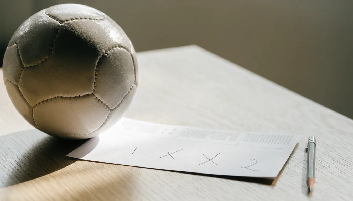Un pallone da calcio appoggiato su una schedina bianca su un tavolo di legno, alla luce del giorno