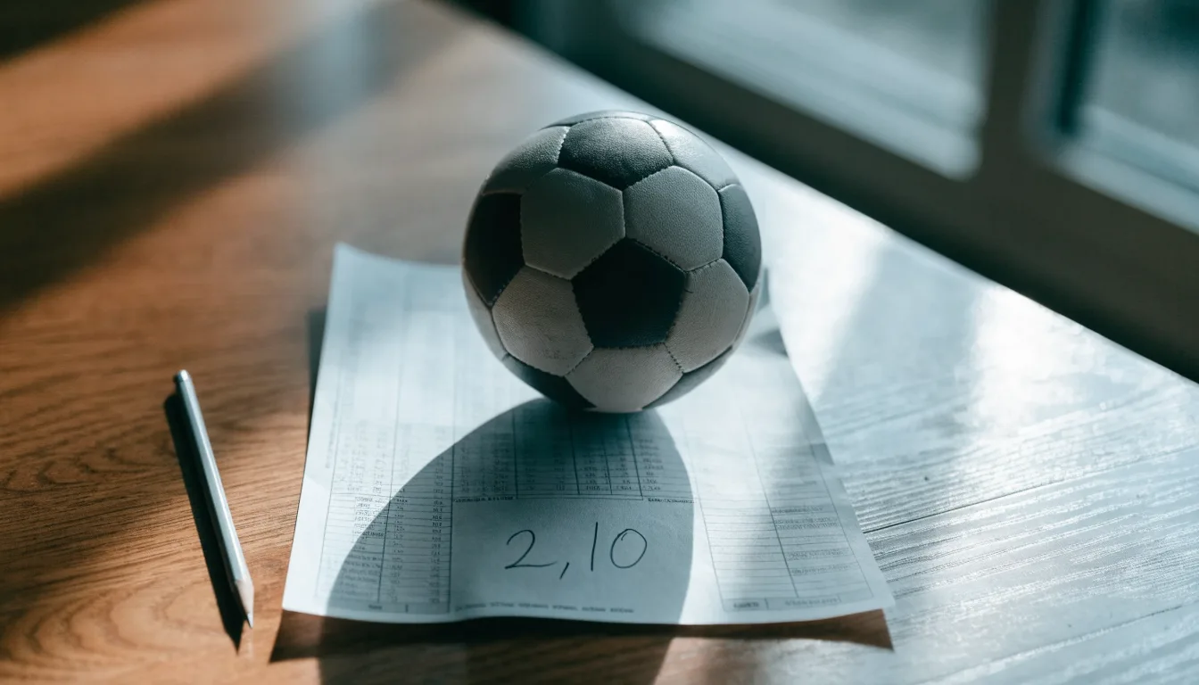 Un pallone da calcio appoggiato su una schedina bianca su un tavolo di legno, alla luce del giorno