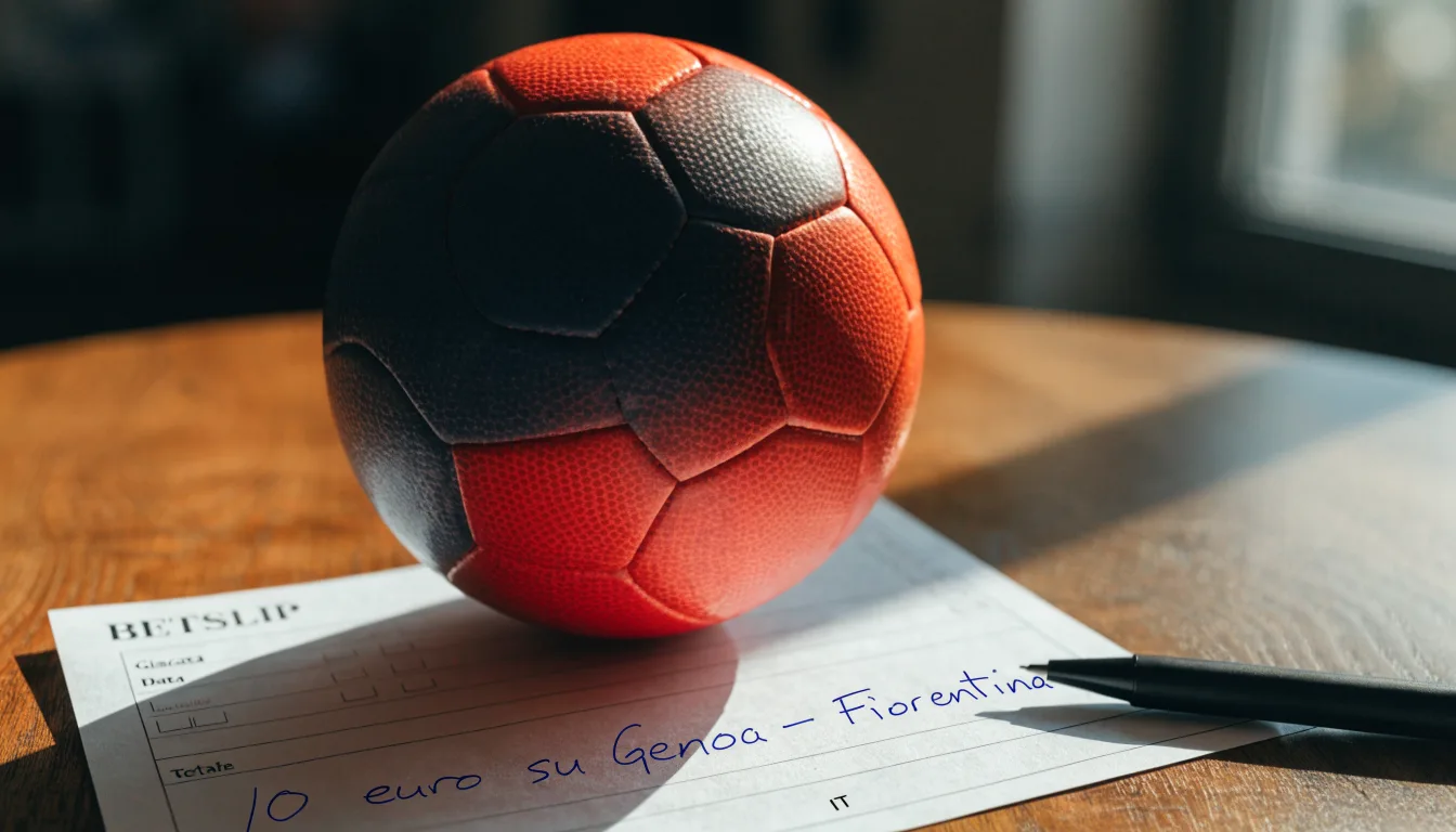 Un pallone da calcio appoggiato su una schedina bianca su un tavolo di legno, alla luce del giorno