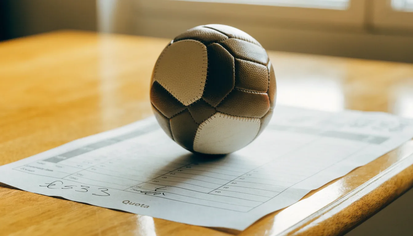 Un pallone da calcio appoggiato su una schedina bianca su un tavolo di legno, alla luce del giorno