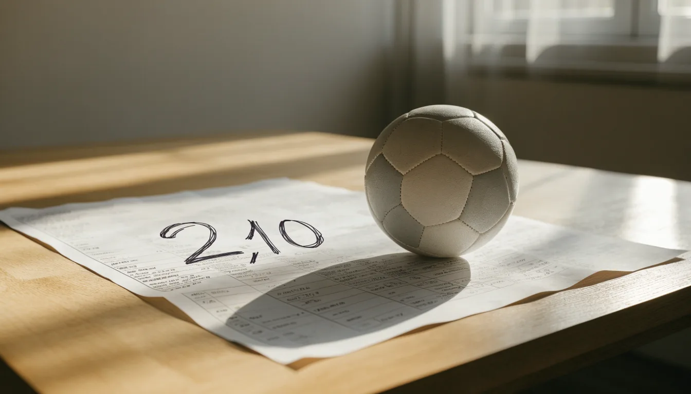 Un pallone da calcio appoggiato su una schedina bianca su un tavolo di legno, alla luce del giorno
