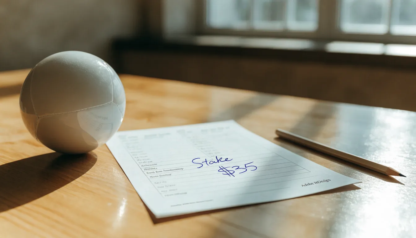 Un pallone da calcio appoggiato su una schedina bianca su un tavolo di legno, alla luce del giorno