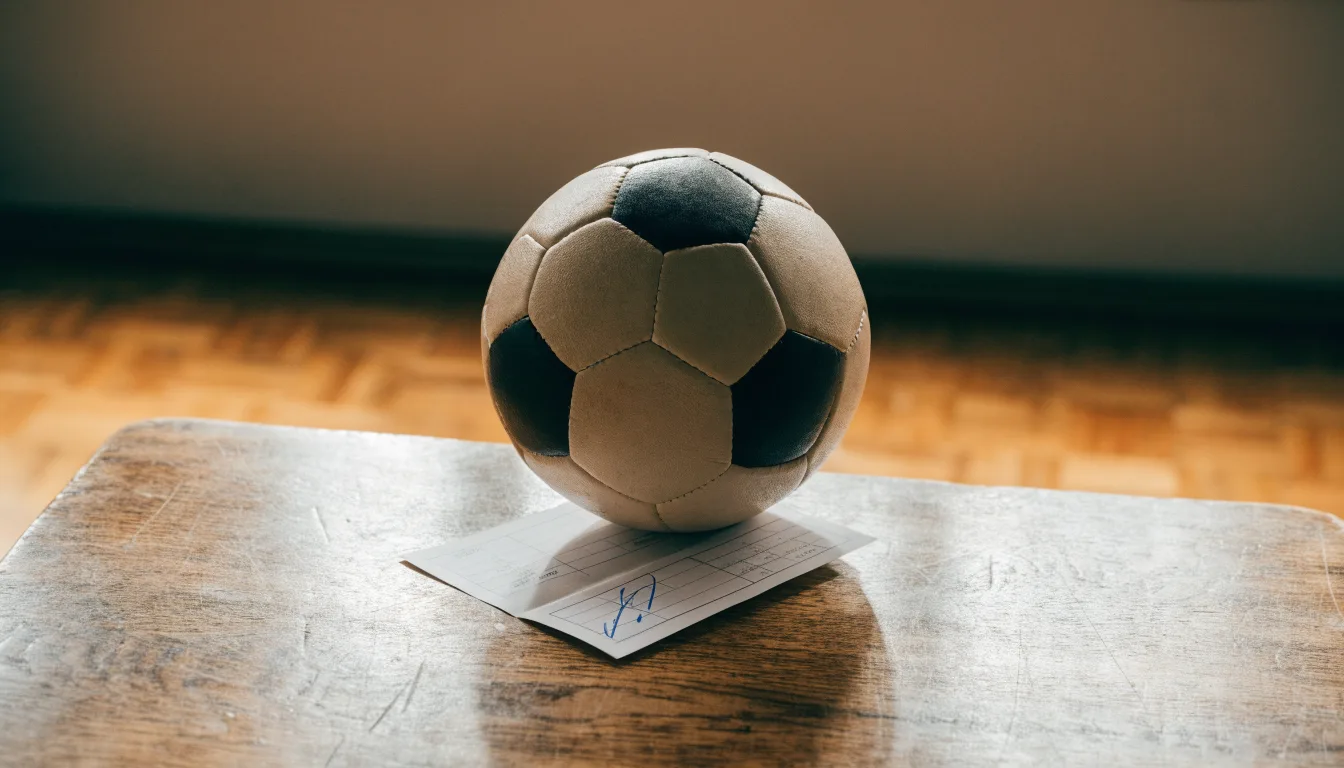 Un pallone da calcio appoggiato su una schedina bianca su un tavolo di legno, alla luce del giorno