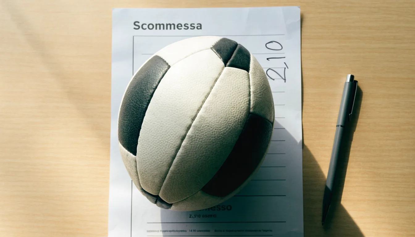 Un pallone da calcio appoggiato su una schedina bianca su un tavolo di legno, alla luce del giorno