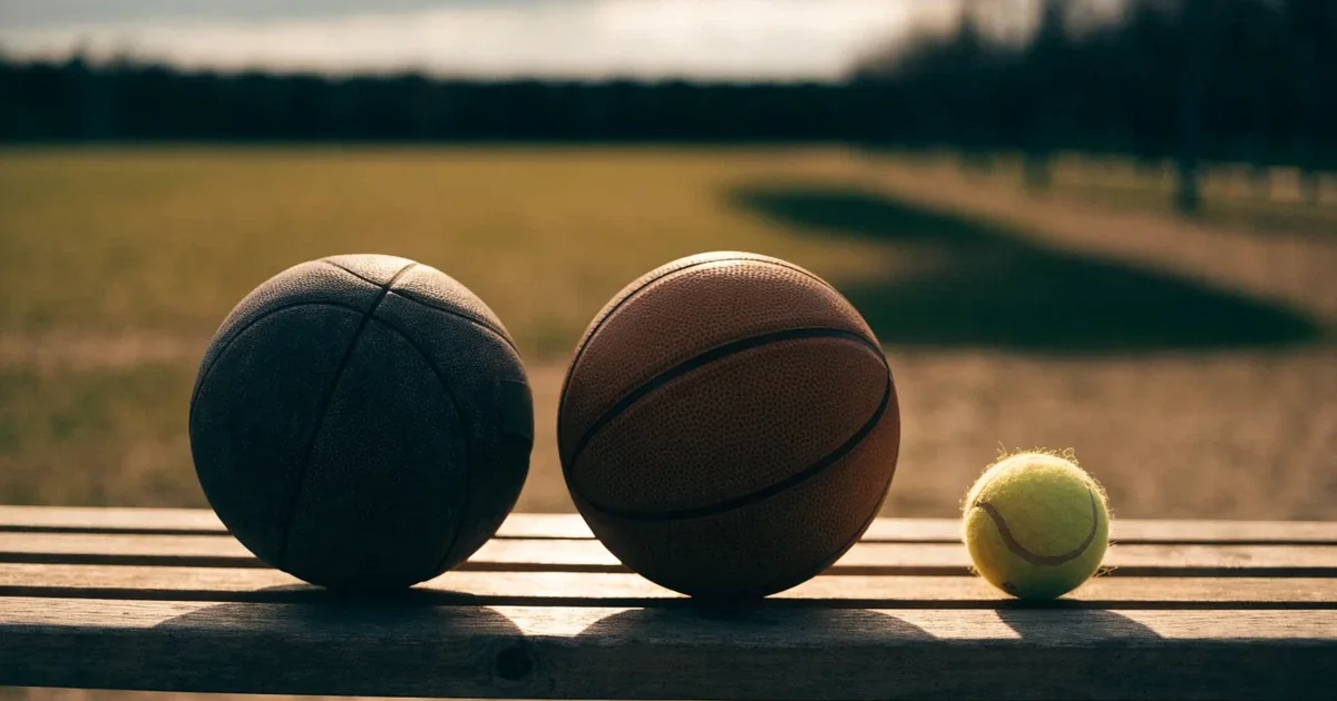 Tre palloni di sport diversi allineati uno accanto all'altro su una panca di legno