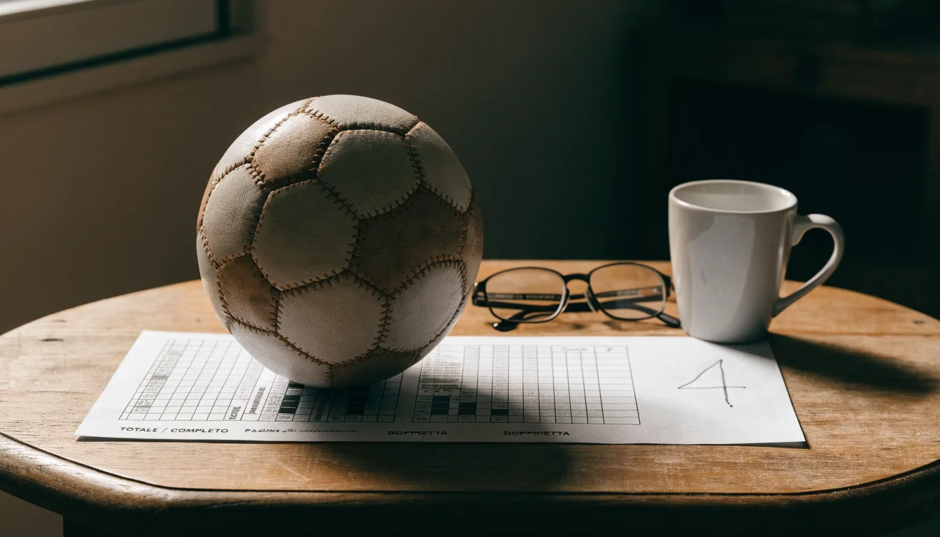 Un pallone da calcio appoggiato su una schedina bianca su un tavolo di legno, alla luce del giorno