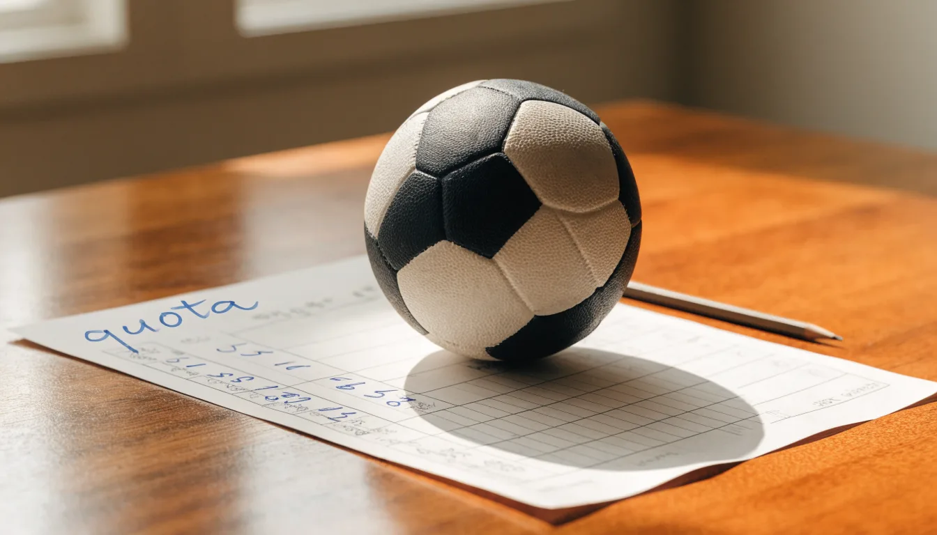 Un pallone da calcio appoggiato su una schedina bianca su un tavolo di legno, alla luce del giorno
