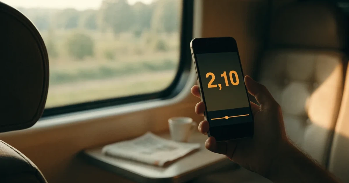 Una mano che tiene uno smartphone con una scommessa sullo schermo, su un treno nel tardo pomeriggio