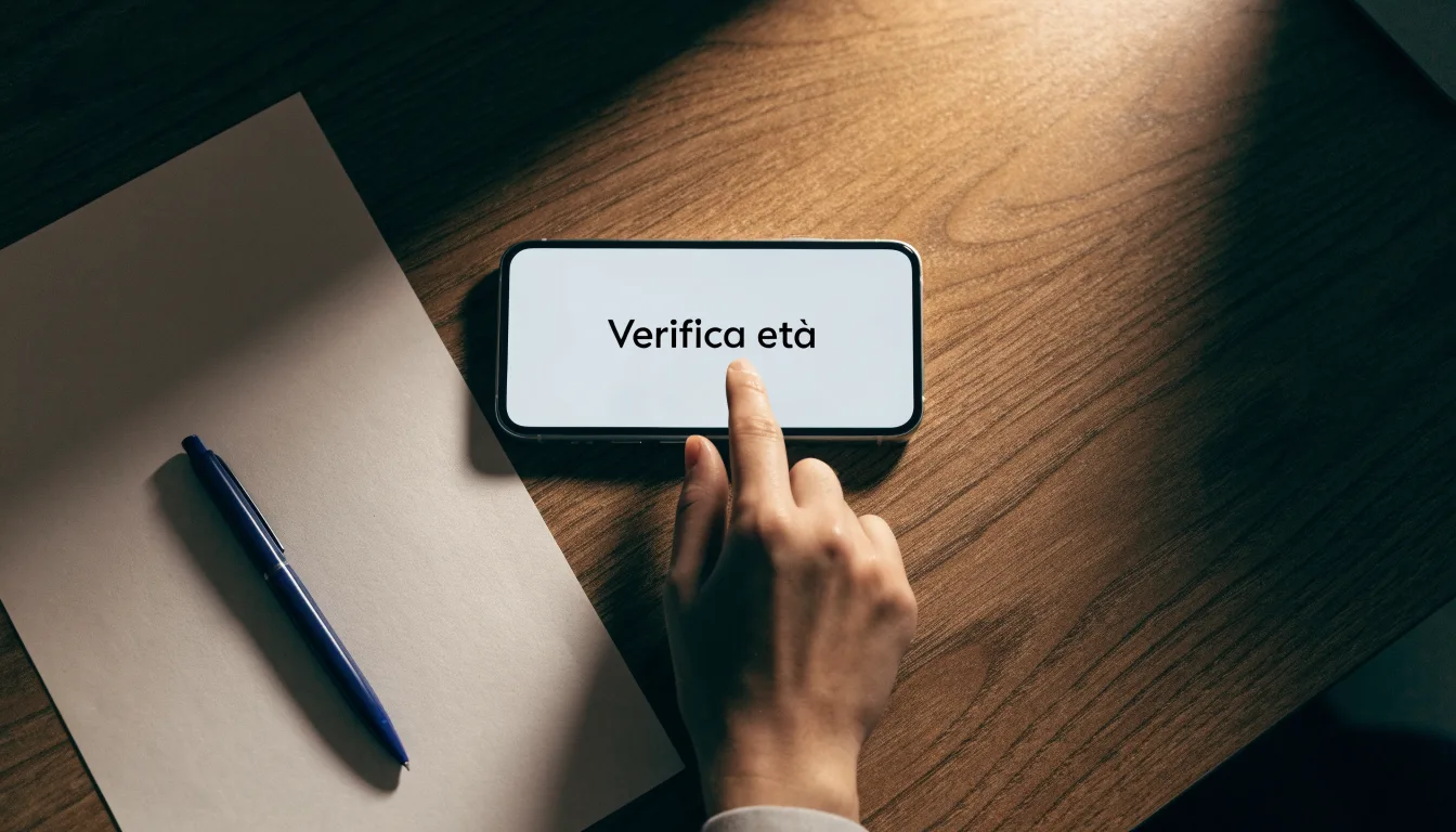 Un foglio di concessione in carta con un timbro rosso, appoggiato su una scrivania di legno accanto a una penna
