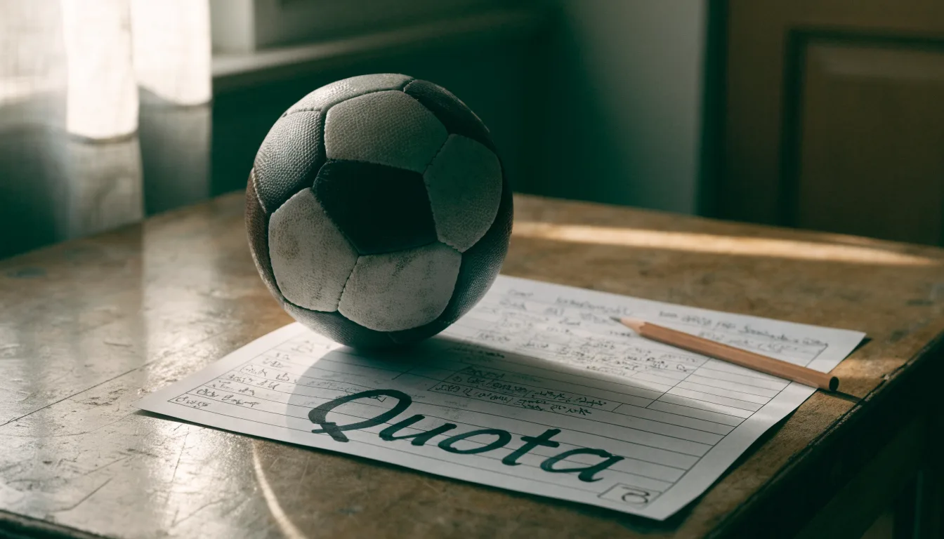 Un pallone da calcio appoggiato su una schedina bianca su un tavolo di legno, alla luce del giorno