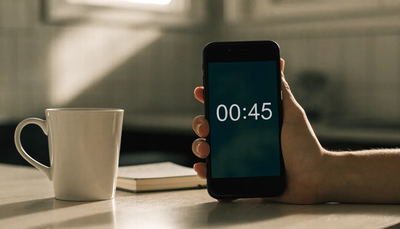 Un documento di identità appoggiato accanto a uno smartphone con un timer sullo schermo, su un tavolo da cucina