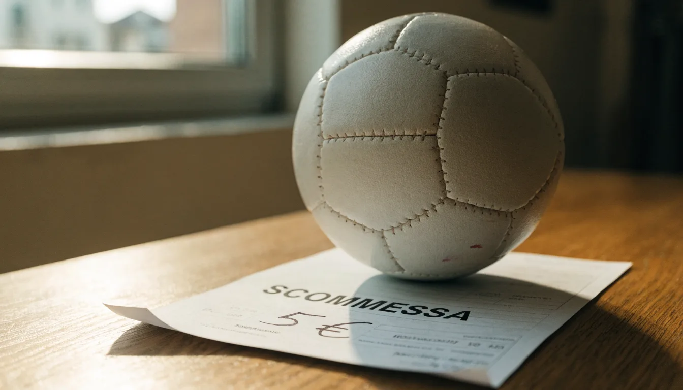 Un pallone da calcio appoggiato su una schedina bianca su un tavolo di legno, alla luce del giorno