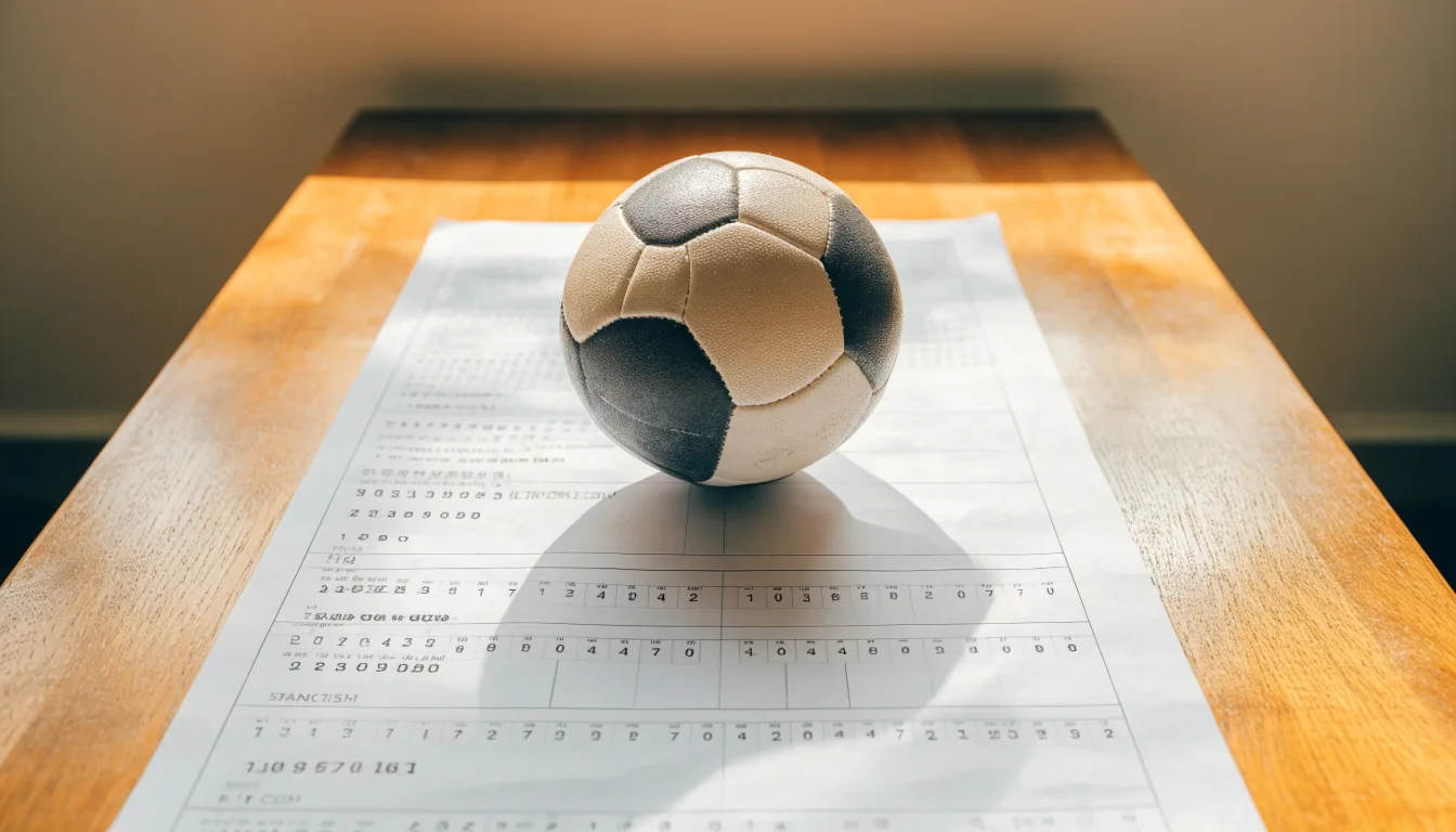 Un pallone da calcio appoggiato su una schedina bianca su un tavolo di legno, alla luce del giorno