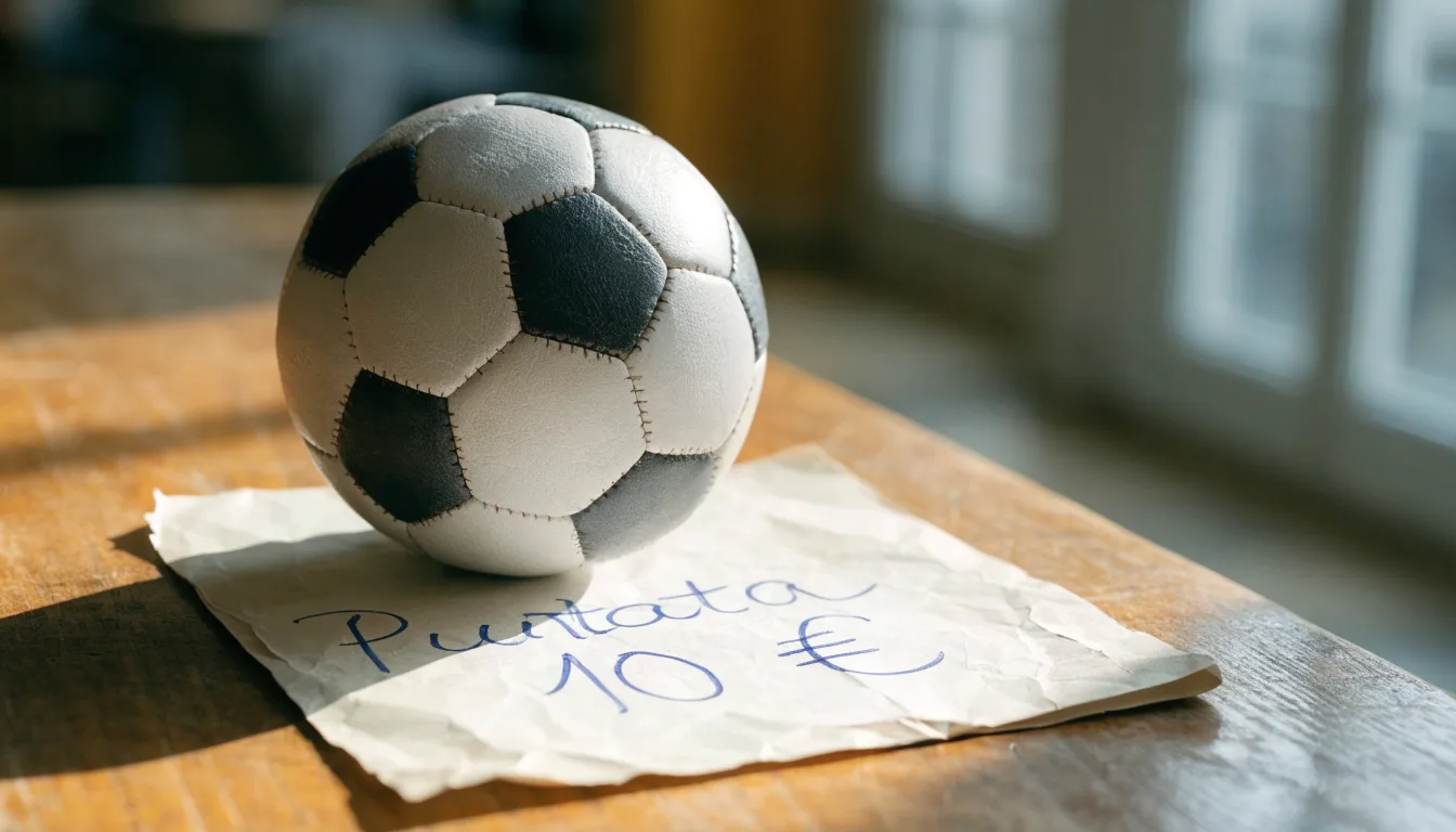 Un pallone da calcio appoggiato su una schedina bianca su un tavolo di legno, alla luce del giorno