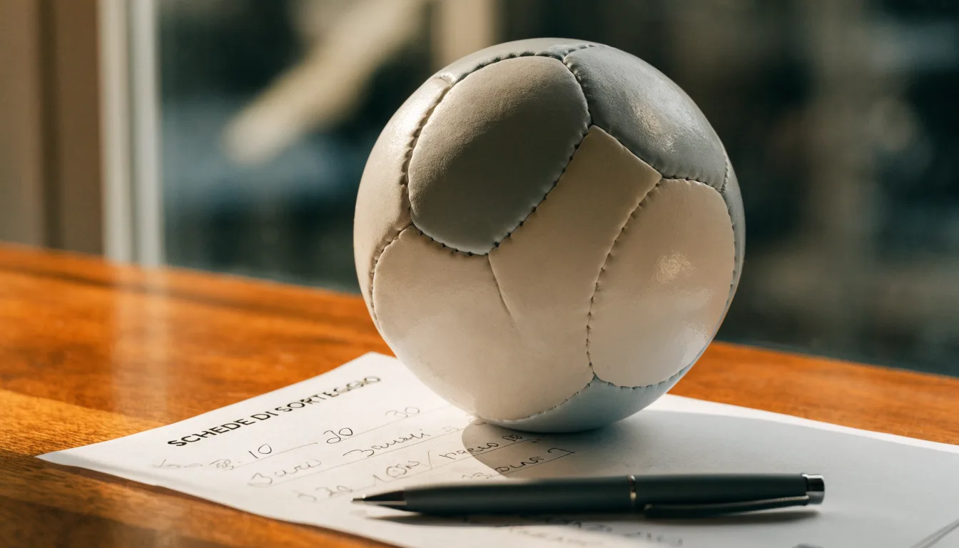 Un pallone da calcio appoggiato su una schedina bianca su un tavolo di legno, alla luce del giorno