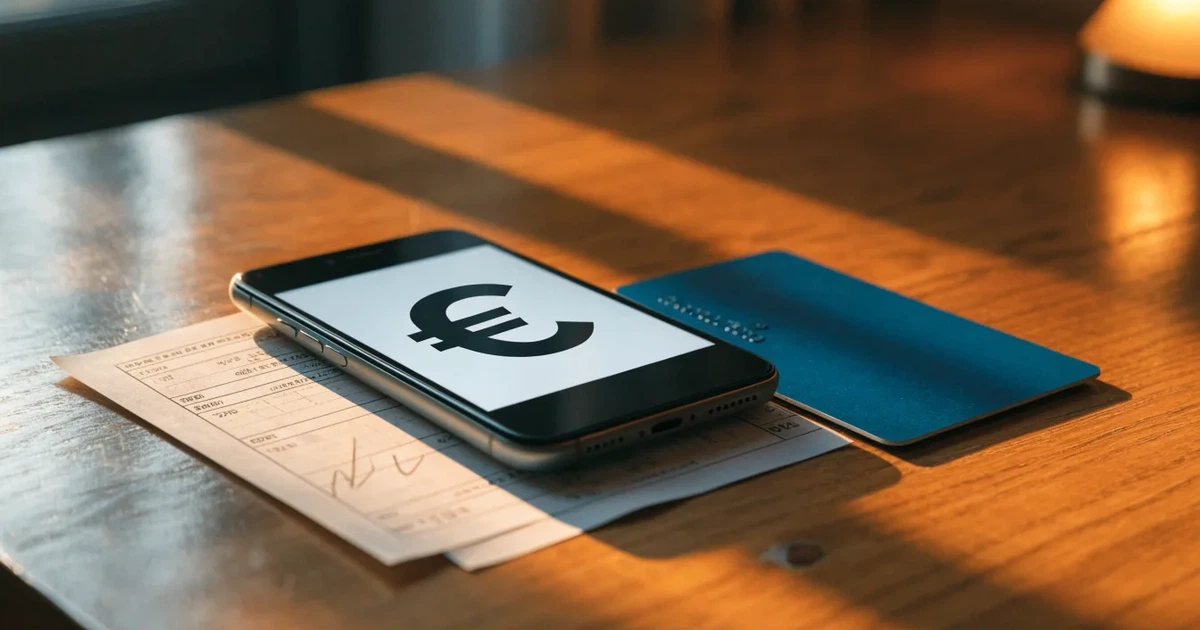 Uno smartphone e una carta di pagamento affiancati su un tavolo di legno, con alcune banconote da euro accanto