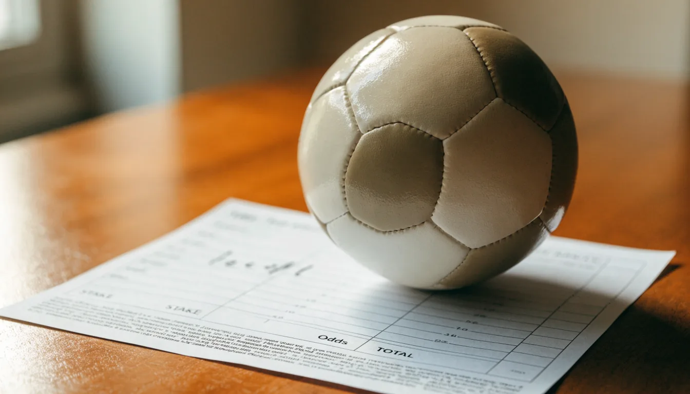 Un pallone da calcio appoggiato su una schedina bianca su un tavolo di legno, alla luce del giorno