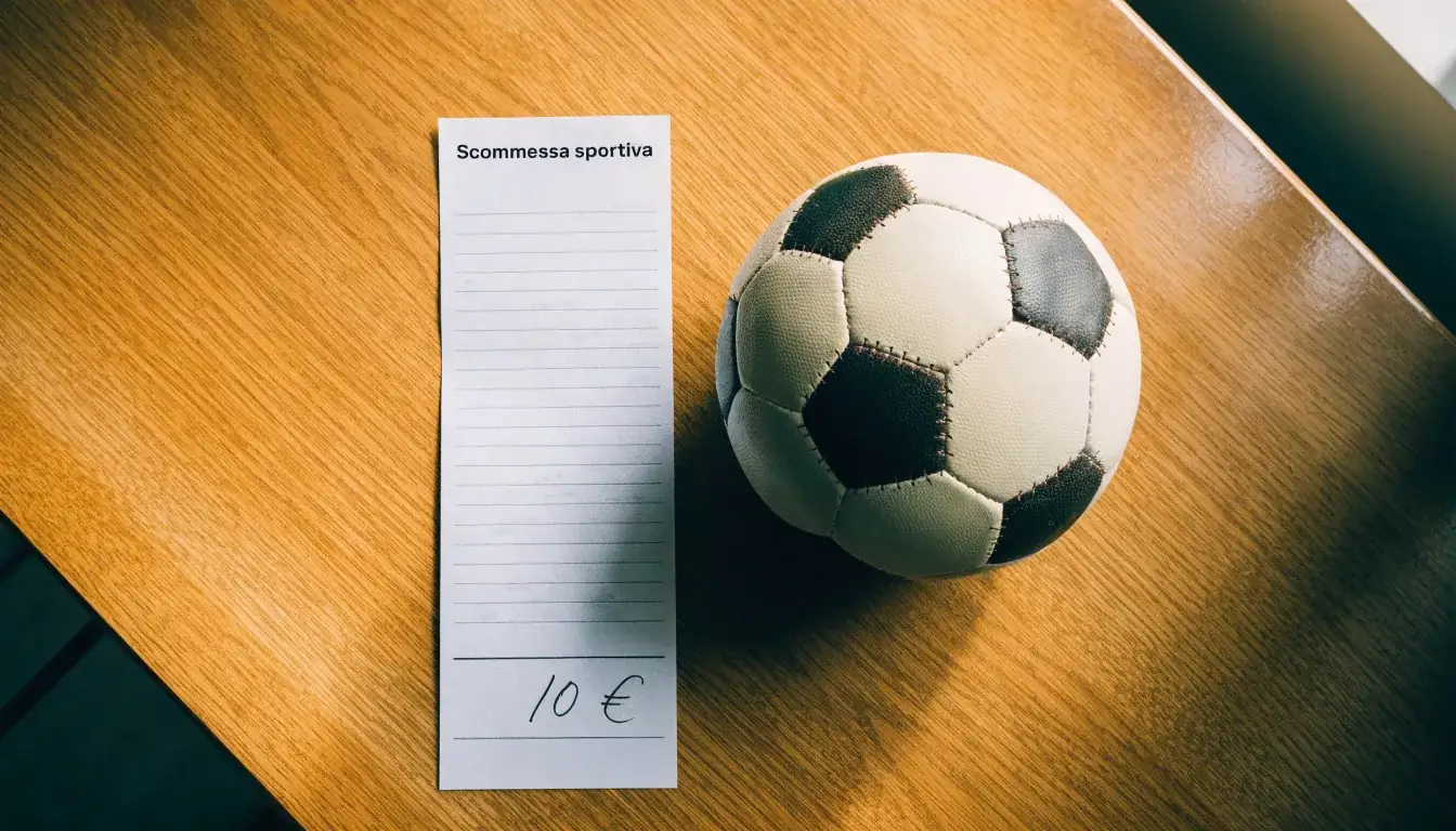 Un pallone da calcio appoggiato su una schedina bianca su un tavolo di legno, alla luce del giorno
