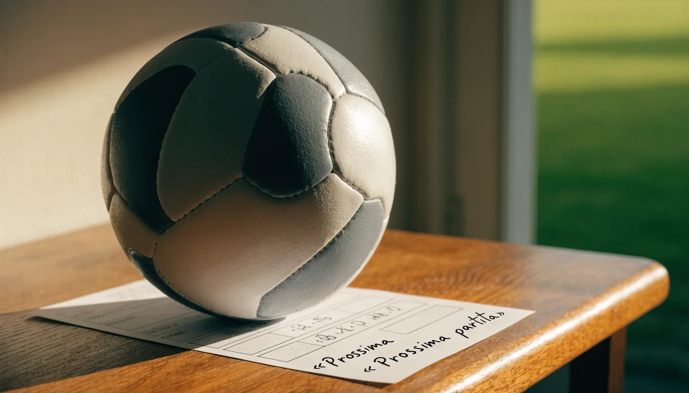 Un pallone da calcio appoggiato su una schedina bianca su un tavolo di legno, alla luce del giorno