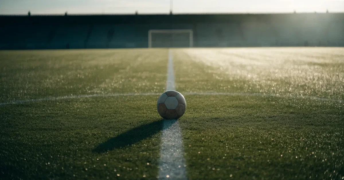 Un pallone da calcio sul dischetto del centrocampo di un prato, alla luce del mattino