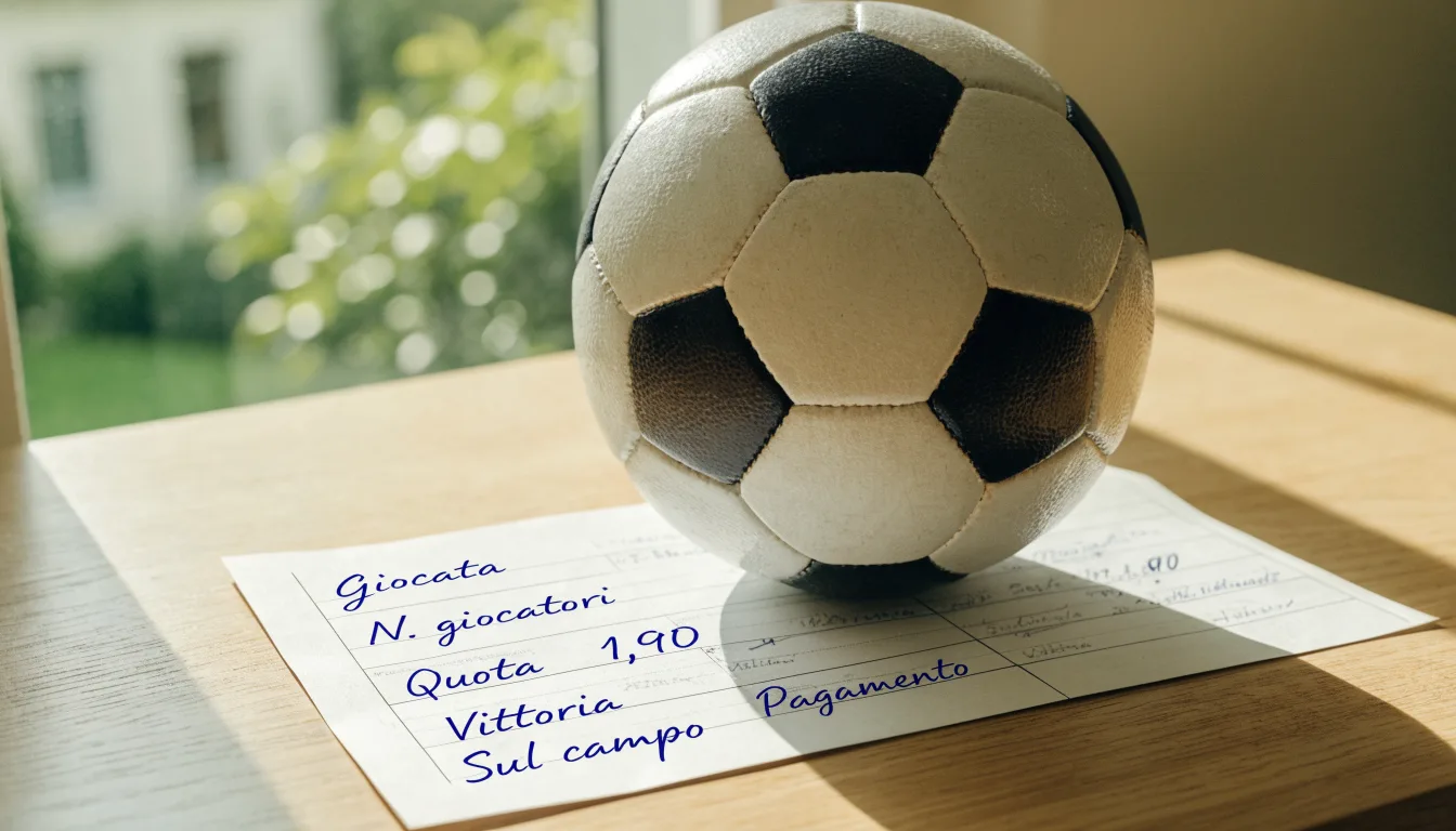 Un pallone da calcio appoggiato su una schedina bianca su un tavolo di legno, alla luce del giorno
