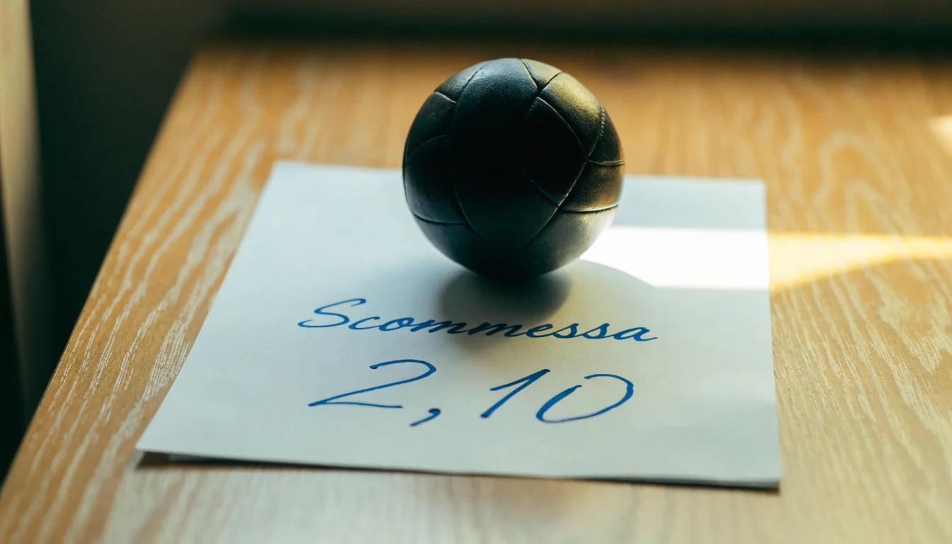Un pallone da calcio appoggiato su una schedina bianca su un tavolo di legno, alla luce del giorno