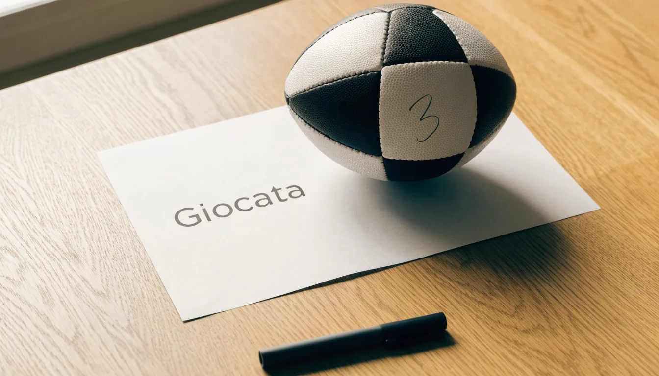 Un pallone da calcio appoggiato su una schedina bianca su un tavolo di legno, alla luce del giorno