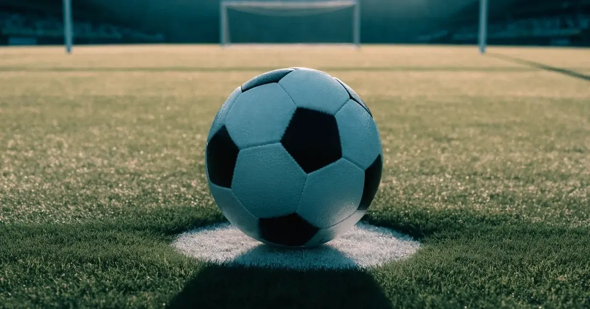 Un pallone da calcio sul dischetto del centrocampo di un prato, alla luce del mattino