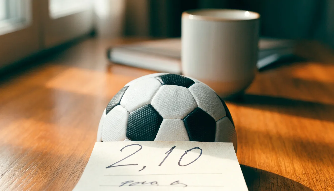 Un pallone da calcio appoggiato su una schedina bianca su un tavolo di legno, alla luce del giorno