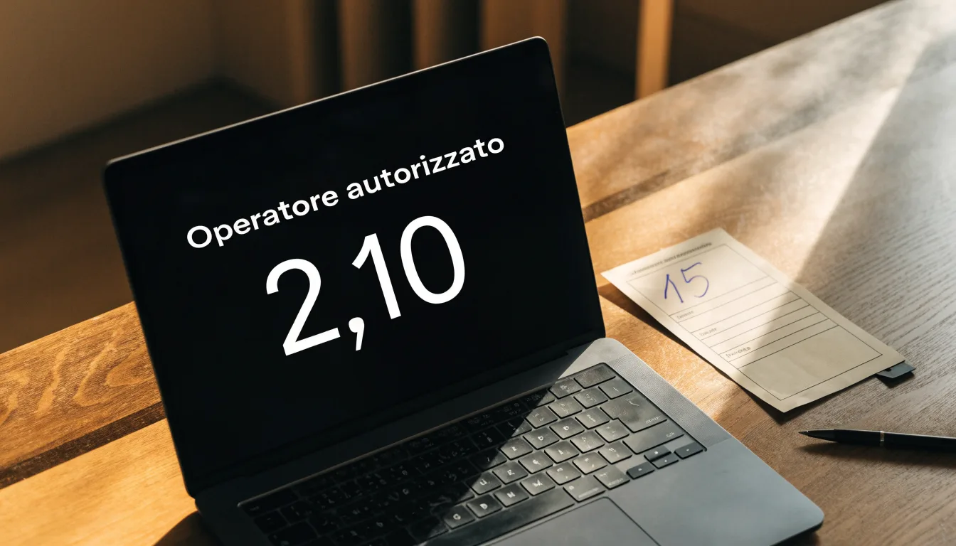 Un foglio di concessione in carta con un timbro rosso, appoggiato su una scrivania di legno accanto a una penna