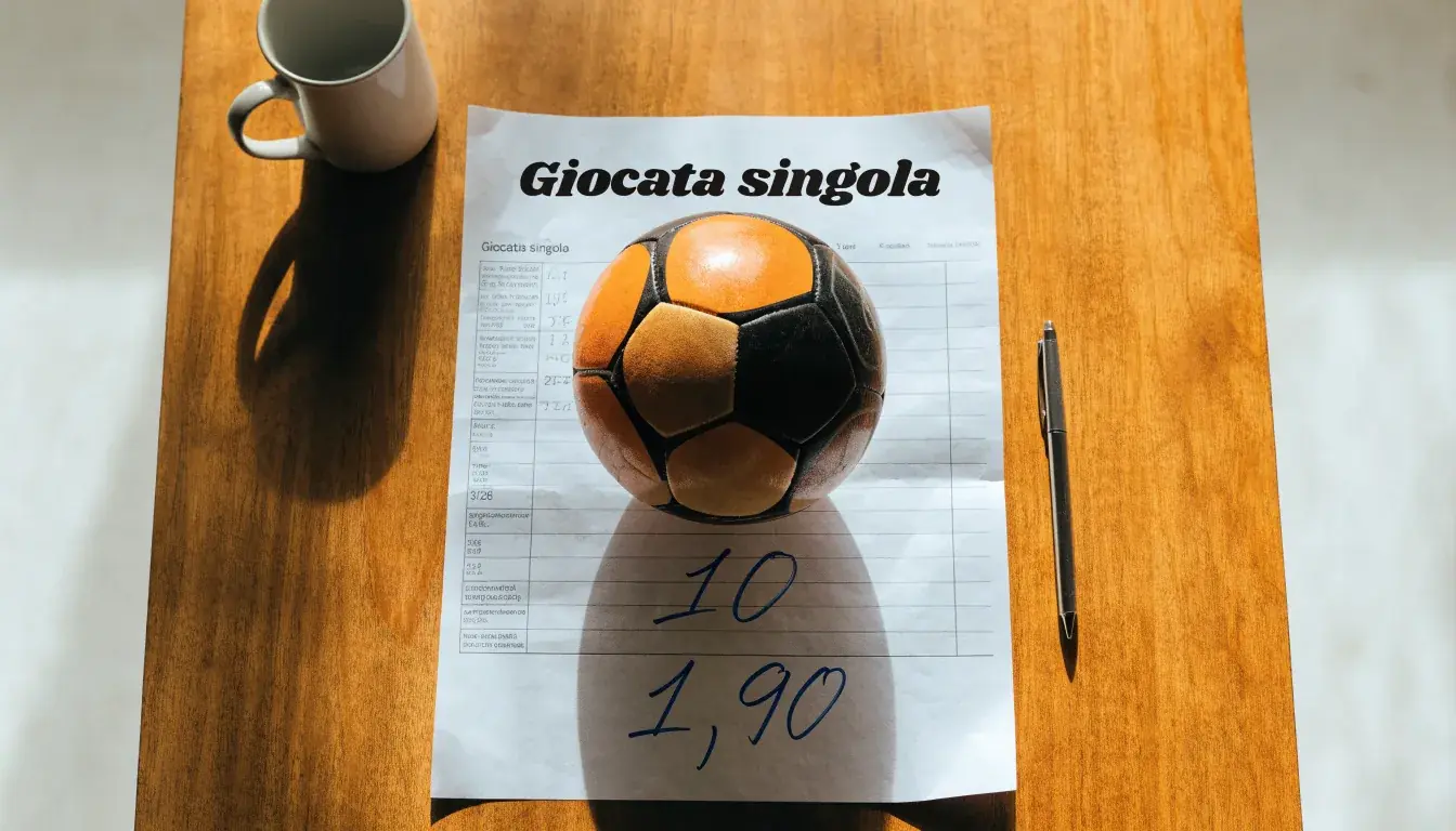 Un pallone da calcio appoggiato su una schedina bianca su un tavolo di legno, alla luce del giorno