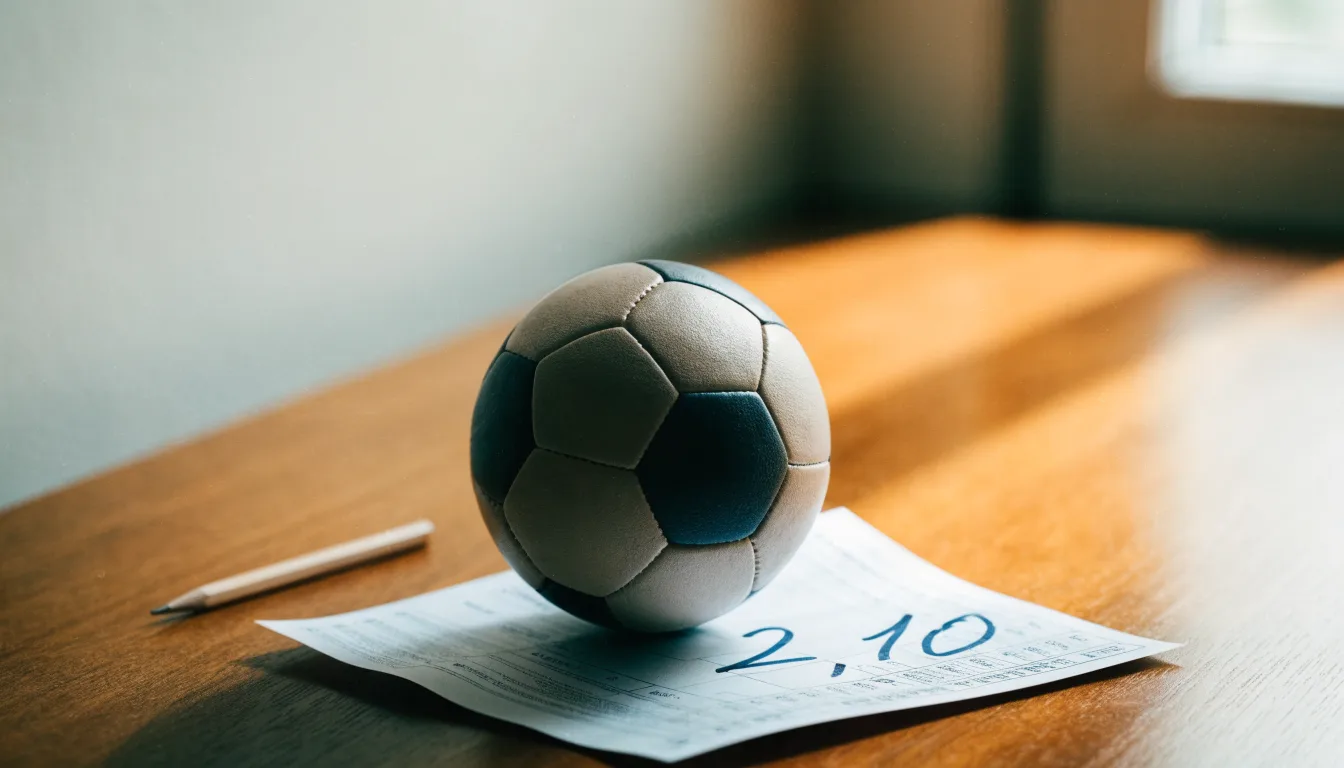 Un pallone da calcio appoggiato su una schedina bianca su un tavolo di legno, alla luce del giorno
