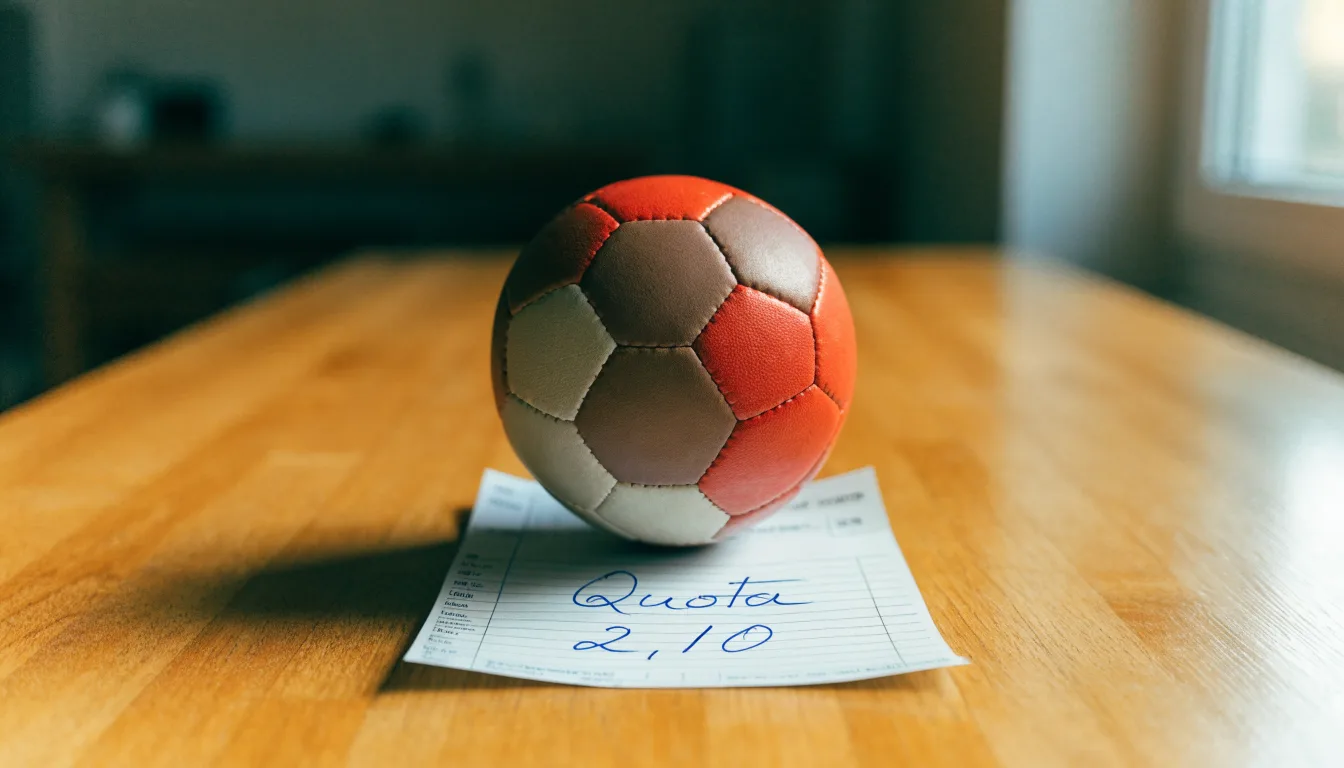 Un pallone da calcio appoggiato su una schedina bianca su un tavolo di legno, alla luce del giorno