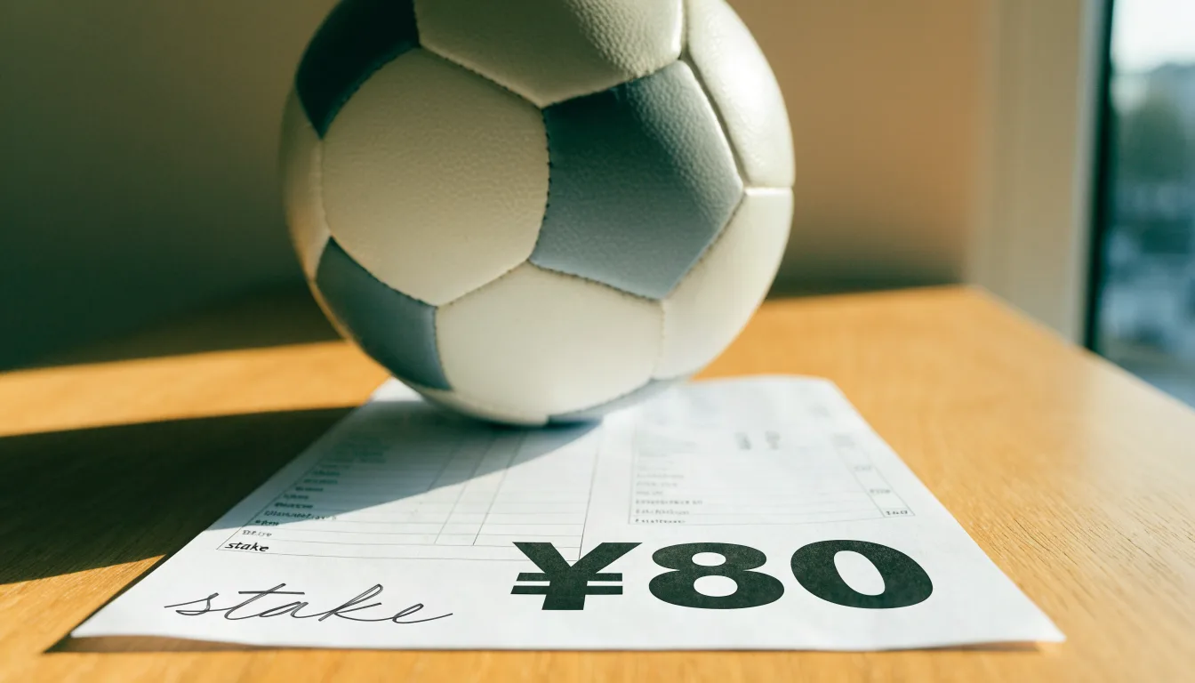 Un pallone da calcio appoggiato su una schedina bianca su un tavolo di legno, alla luce del giorno